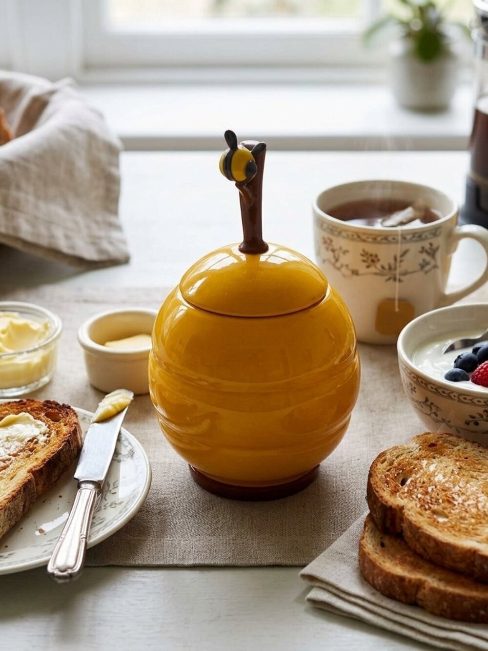 Small Ceramic Honey Pot Jar With Dipper Stick and Decorative Bee by Joie
